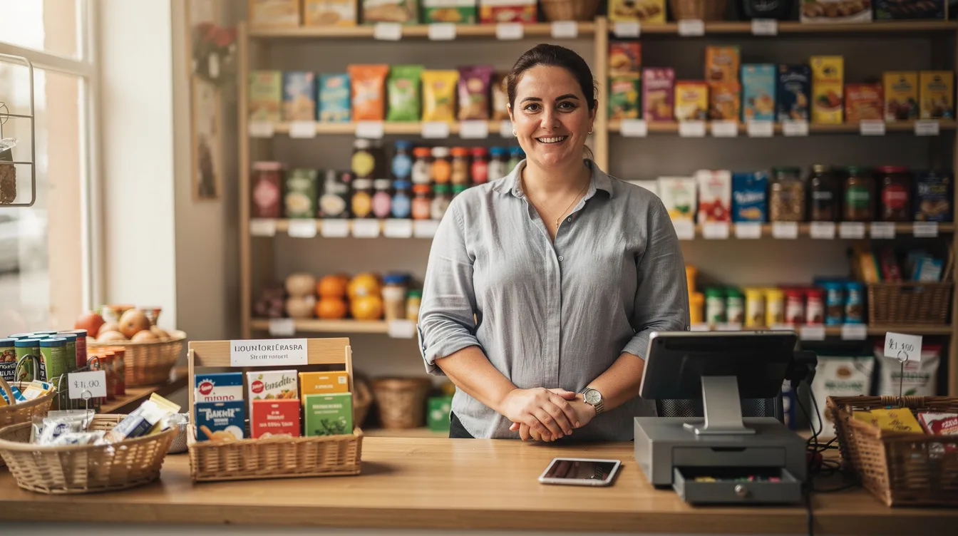 A small shop owner stands proudly behind a well-organized retail counter, showcasing various products, symbolizing the success of a beneficiary micro unit. This scene reflects the potential for financial assistance through schemes like the Pradhan Mantri Mudra Yojana, which supports micro enterprises with loans tailored to their business needs.