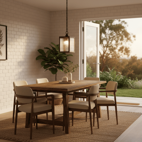 Outdoor pendant light fixture hanging indoors above wooden dining table.
