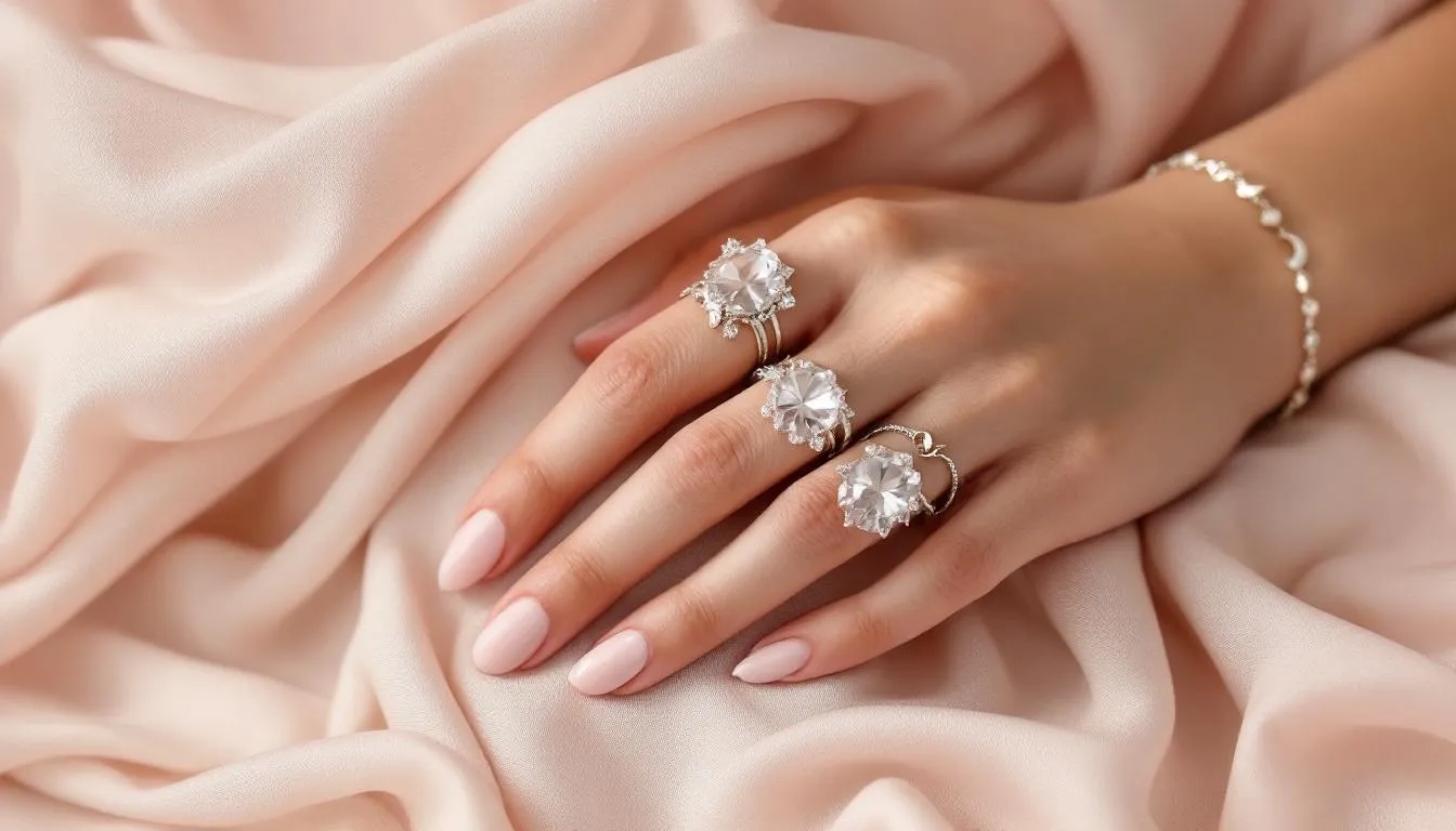 A close-up of hands adorned with multiple crystal rings and a delicate moon phase bracelet, set against a backdrop of flowing fabric, showcasing the beauty of witch jewelry and nature-inspired charms. The intricate details of the rings and bracelet highlight the elegance of these unique pieces.