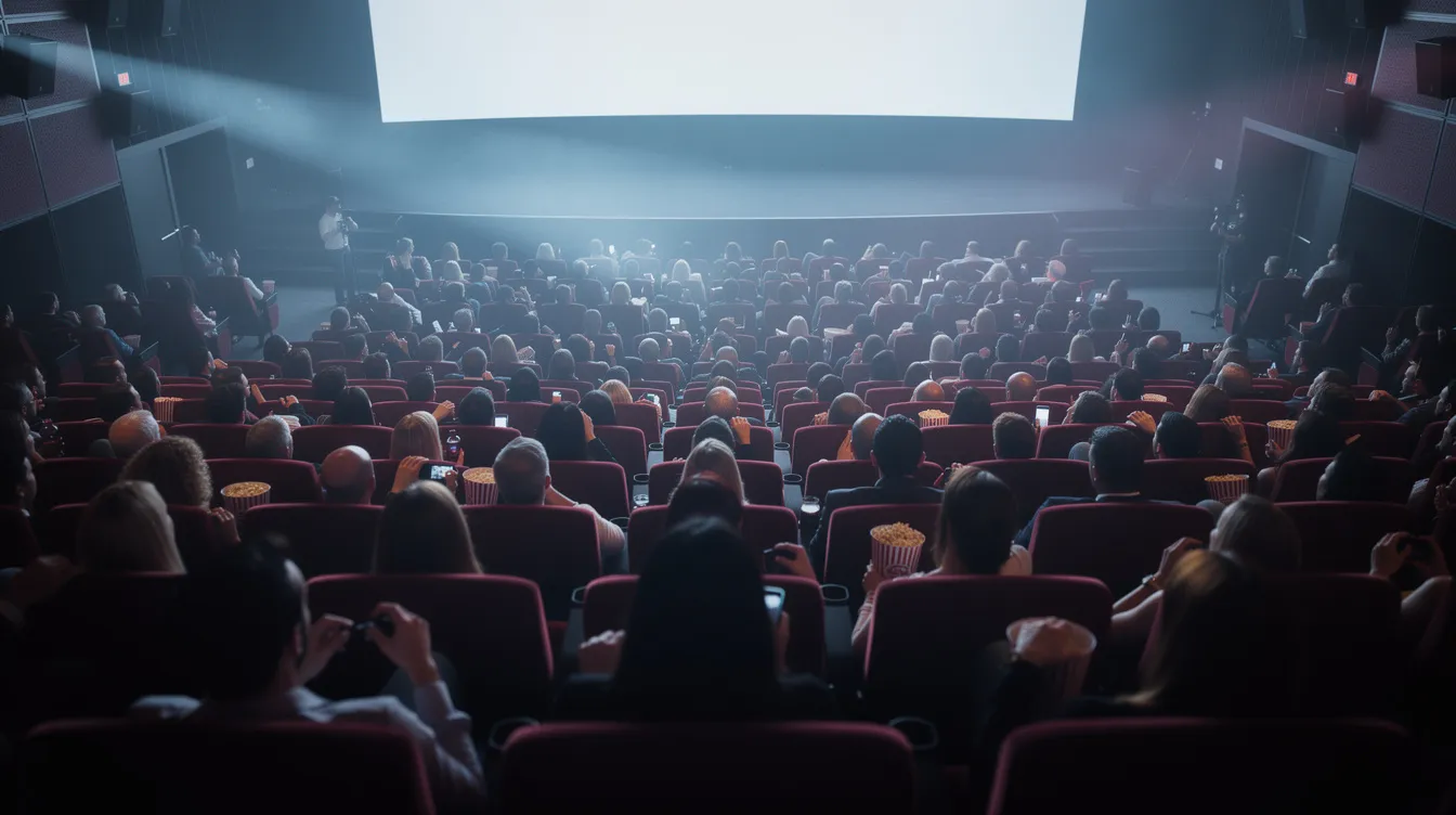 In einem großen Kinosaal sitzen Reihen von Zuschauern bei einer Filmpremiere, während das Licht gedimmt ist und eine erwartungsvolle Atmosphäre herrscht. Die Menschen sind Teil eines besonderen Moments in der Filmproduktion, der die Bedeutung von Diversität und Perspektiven in der Filmindustrie unterstreicht.