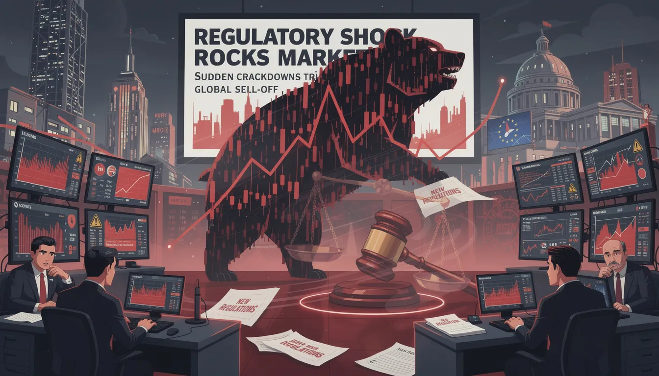 The image illustrates the potential risks of a bear market in the crypto industry, highlighting how sudden regulatory crackdowns could lead to sharp sell-offs and impact investor confidence in digital assets. It emphasizes the importance of regulatory clarity for the stability of the global financial system and the future of crypto assets.