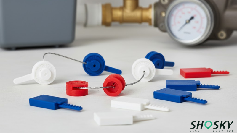 Various plastic and wire meter seals in different colors