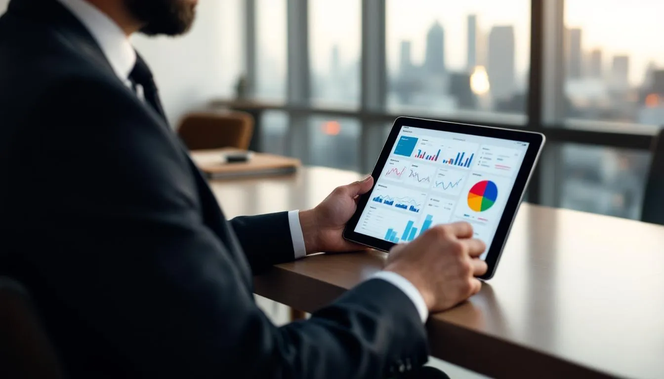 A hotel manager is attentively reviewing detailed financial performance reports on a tablet device, utilizing an ERP system to gain valuable insights into hotel operations and enhance guest satisfaction. The scene highlights the importance of financial management and data analysis in the hospitality industry for informed decision-making.