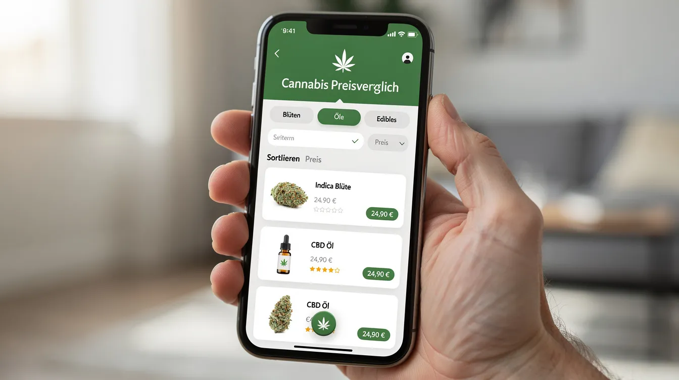 Ein Smartphone, das eine Preisvergleichs-App für Cannabis-Produkte zeigt, wird von einer Person gehalten. Die App bietet Informationen zu Preisen, Sortenvielfalt und Verfügbarkeit von medizinischem Cannabis in Deutschland, ideal für Cannabis-Patienten, die ihre Medikamente auf Rezept beziehen möchten.