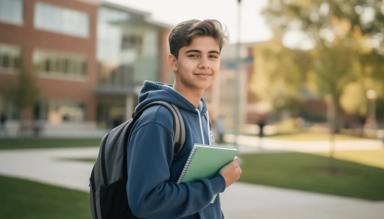 Ein junger Schüler sitzt an einem Schreibtisch und lernt mit einem Laptop. Er bereitet sich auf seine Nachhilfestunde in Mathe vor, um seine Schwierigkeiten im Lernstoff zu überwinden und Fortschritte zu erzielen.