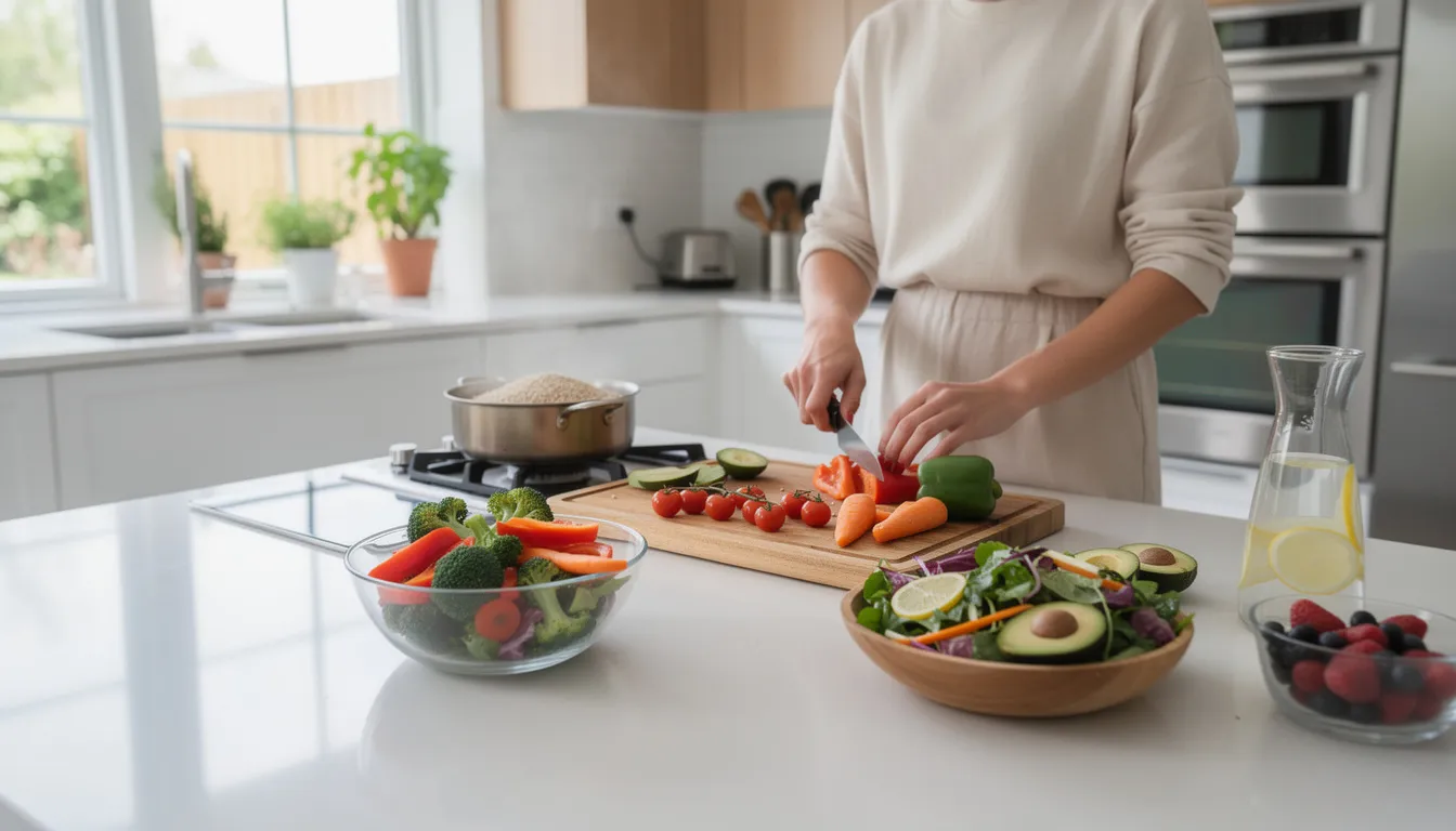 A person is seen preparing a healthy meal in a modern kitchen, focusing on fresh ingredients that support weight management and healthy blood glucose levels. This meal preparation reflects a commitment to lifestyle changes that can aid in weight loss and improve overall health.