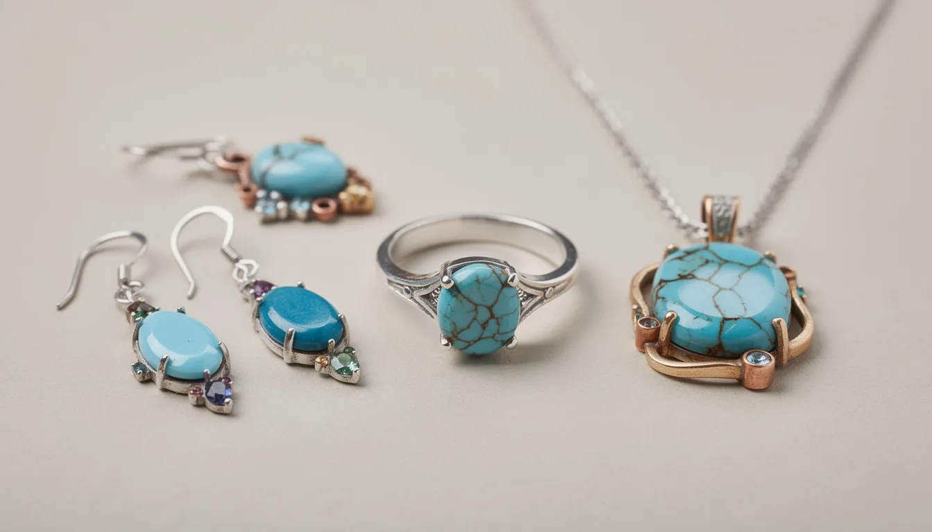 The image showcases a stunning array of turquoise jewellery, featuring rings, earrings, and necklaces set in elegant sterling silver. The vibrant blue-green hues of the natural turquoise stones, often adorned with unique matrix patterns, create a beautiful and eye-catching collection perfect for special occasions.