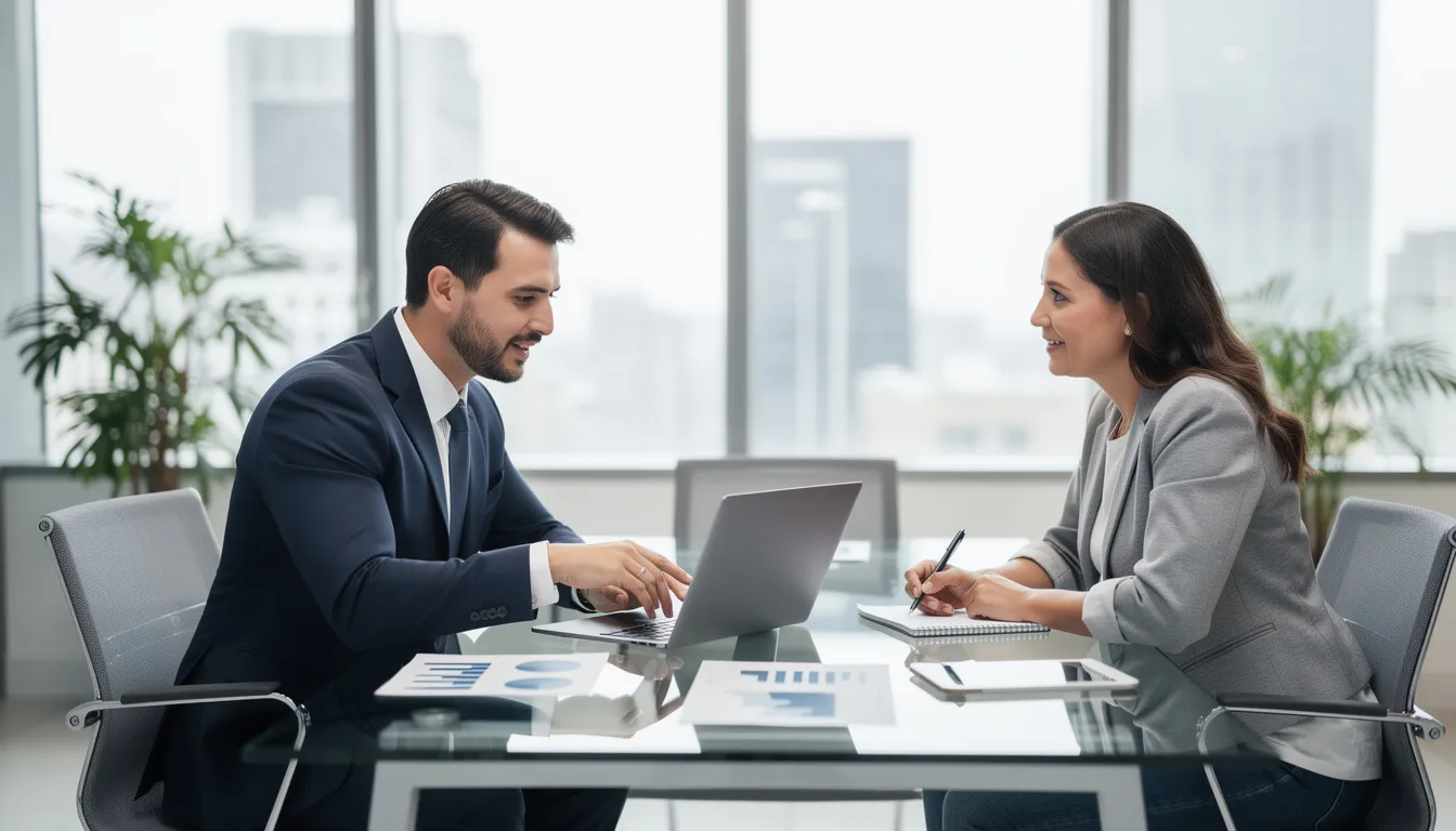 A professional tax advisor is seated across from a small business owner, engaging in a discussion about financial planning strategies to reduce taxable income and manage tax liability. They review business expenses and explore various tax planning strategies, including deductions and credits, to optimize the owner's tax savings for the upcoming tax year.