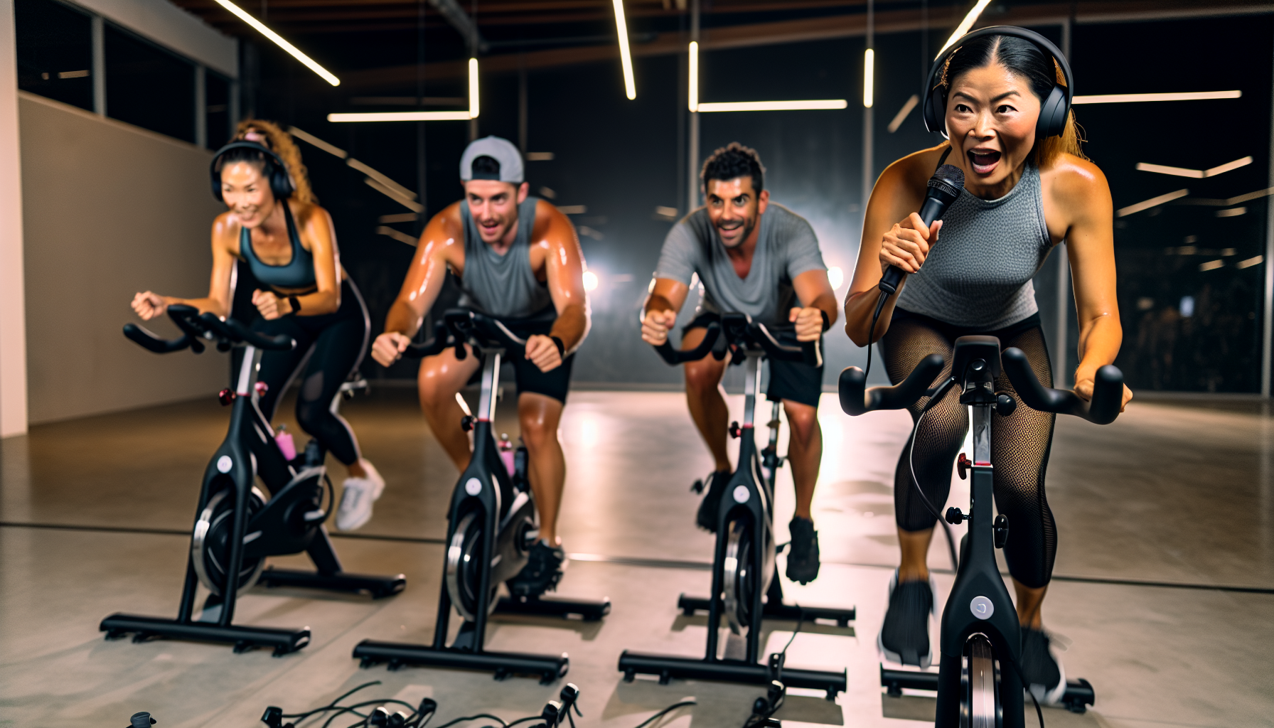 A group of people participating in a high-intensity indoor cycling class