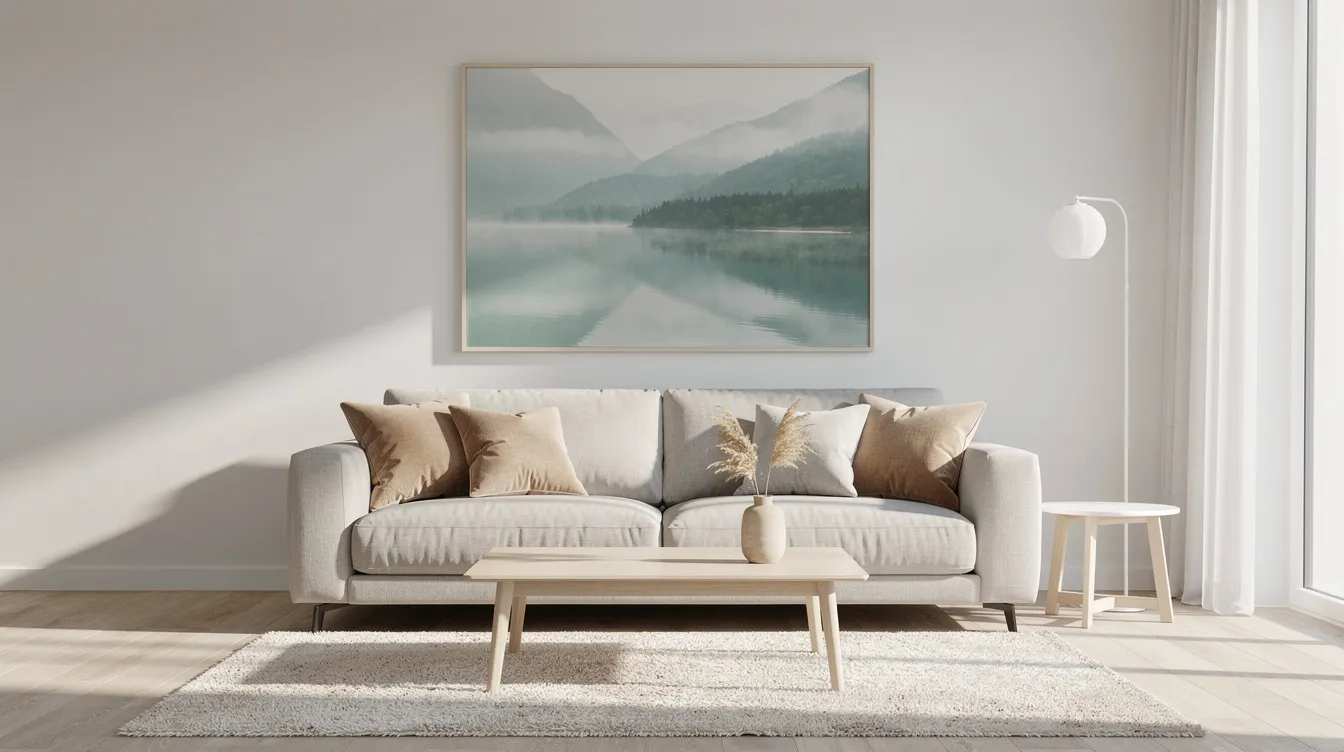 The image depicts a serene living room featuring a large landscape artwork that serves as a focal point above a neutral-colored sofa, creating a perfect example of contemporary wall decor. The arrangement of the art adds visual interest and personality to the space, enhancing the overall interior design.