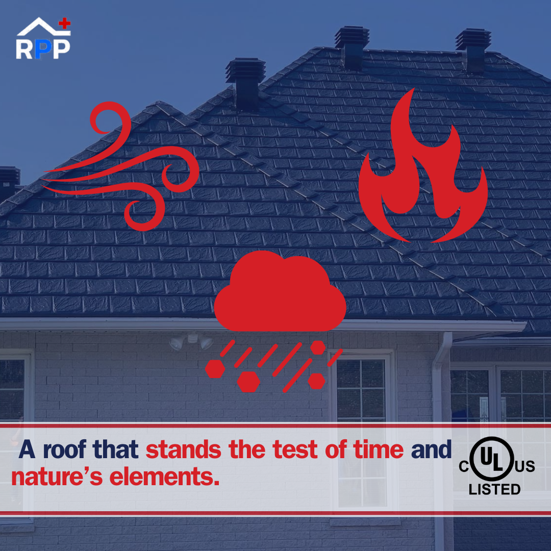 A house with a metal roof is behind  icons of wind, fire, and rain, symbolizing durability. Text at the bottom reads, "A roof that stands the test of time and nature’s elements." UL logo is listed.