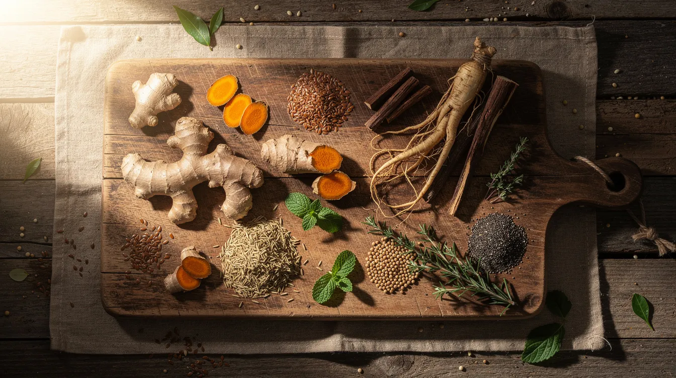 The image features a variety of roots, seeds, and natural herbs meticulously arranged on a rustic wooden cutting board, highlighting ingredients often associated with enhancing male sexual health and performance, such as maca root and horny goat weed. This natural display suggests a focus on improving sexual stamina and desire through dietary supplements.