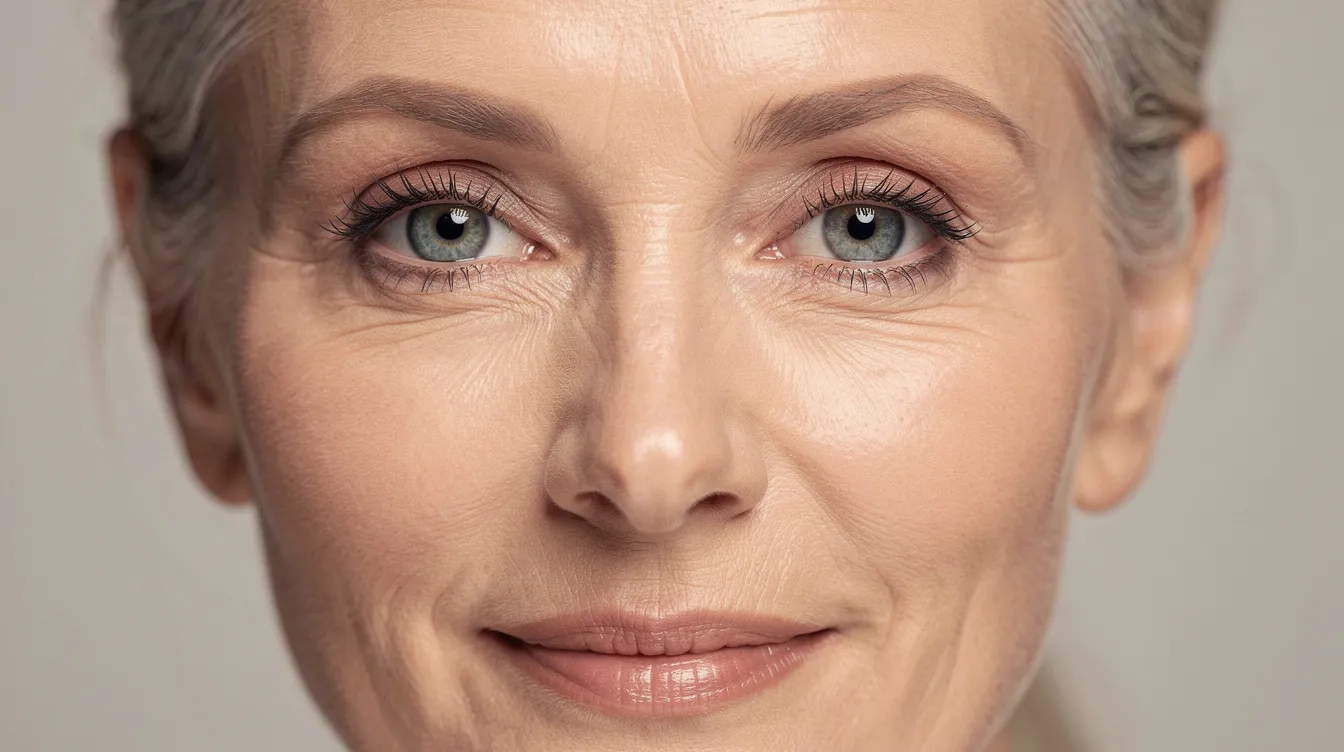 The image features a mature adult with a refreshed and natural-looking appearance, showcasing smooth skin on the forehead and rejuvenated eyes, indicative of successful upper eyelid ptosis repair or blepharoplasty. The subject's eyes appear open and vibrant, reflecting improved symmetry and a youthful look after undergoing eyelid surgery.