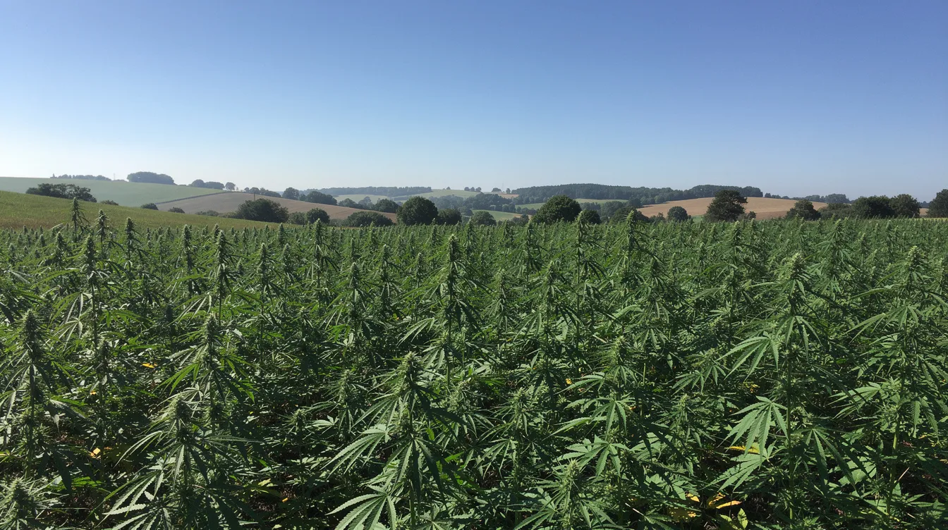 A vast green hemp field stretches under a clear blue sky, with rolling hills in the background, showcasing the agricultural commodity of industrial hemp. This serene landscape highlights the potential of hemp derived products and the legal status of hemp cultivation in various states, including Alabama.