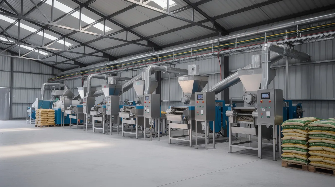 The image depicts a well-organized industrial dal mill plant featuring multiple processing units arranged in a production line within a factory shed. This setup highlights the efficiency of machinery designed for cleaning, polishing, and processing various pulses, essential for meeting the high demand in the dal mill business.