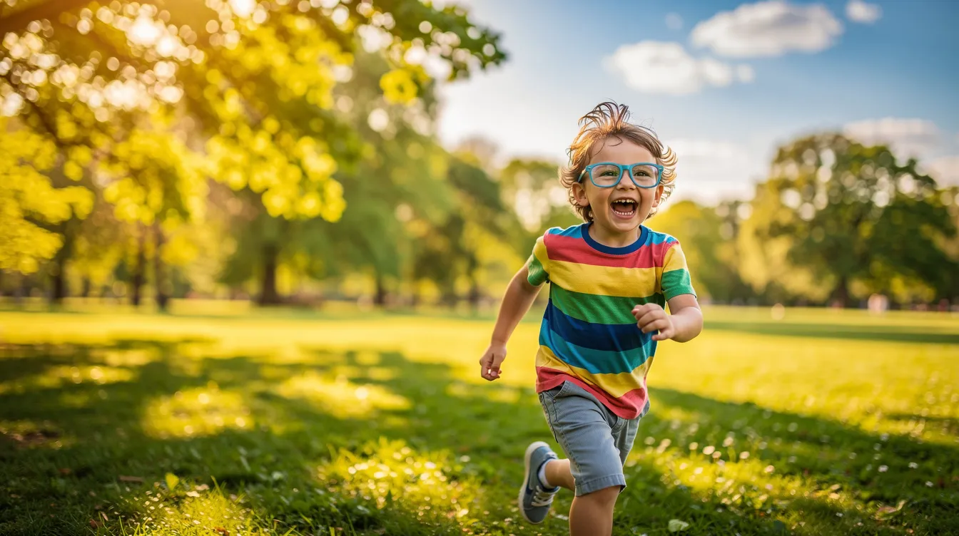 Uma criança usando óculos brinca alegremente em um parque verde e ensolarado, aproveitando o dia. A cena reflete a importância da proteção ocular e da qualidade das lentes, como as oferecidas pela Hoya Corporation, para garantir uma visão saudável durante a infância.