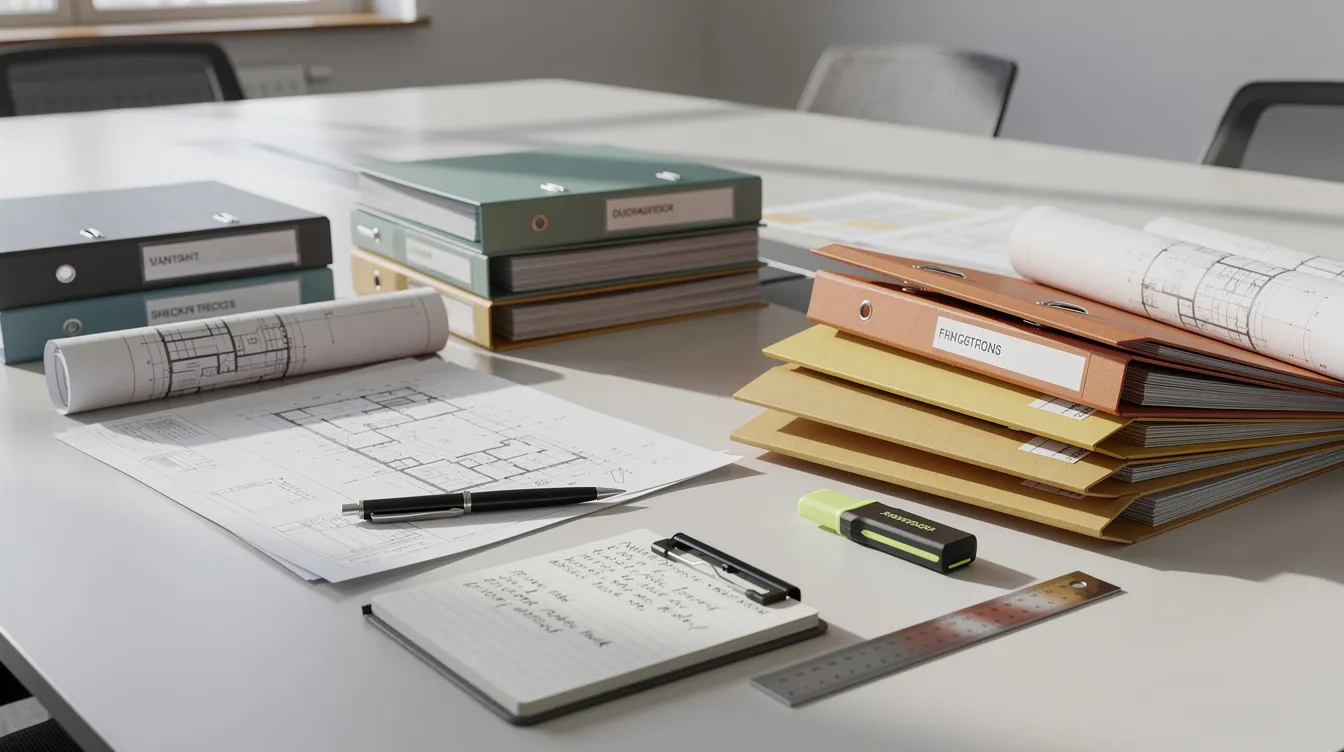 The image depicts an organized collection of construction project files and folders neatly arranged on a conference table, accompanied by a pen and notepad, symbolizing the meticulous documentation crucial in construction law and project management. This setup reflects the importance of maintaining accurate records to address potential construction disputes and ensure compliance with contractual requirements.