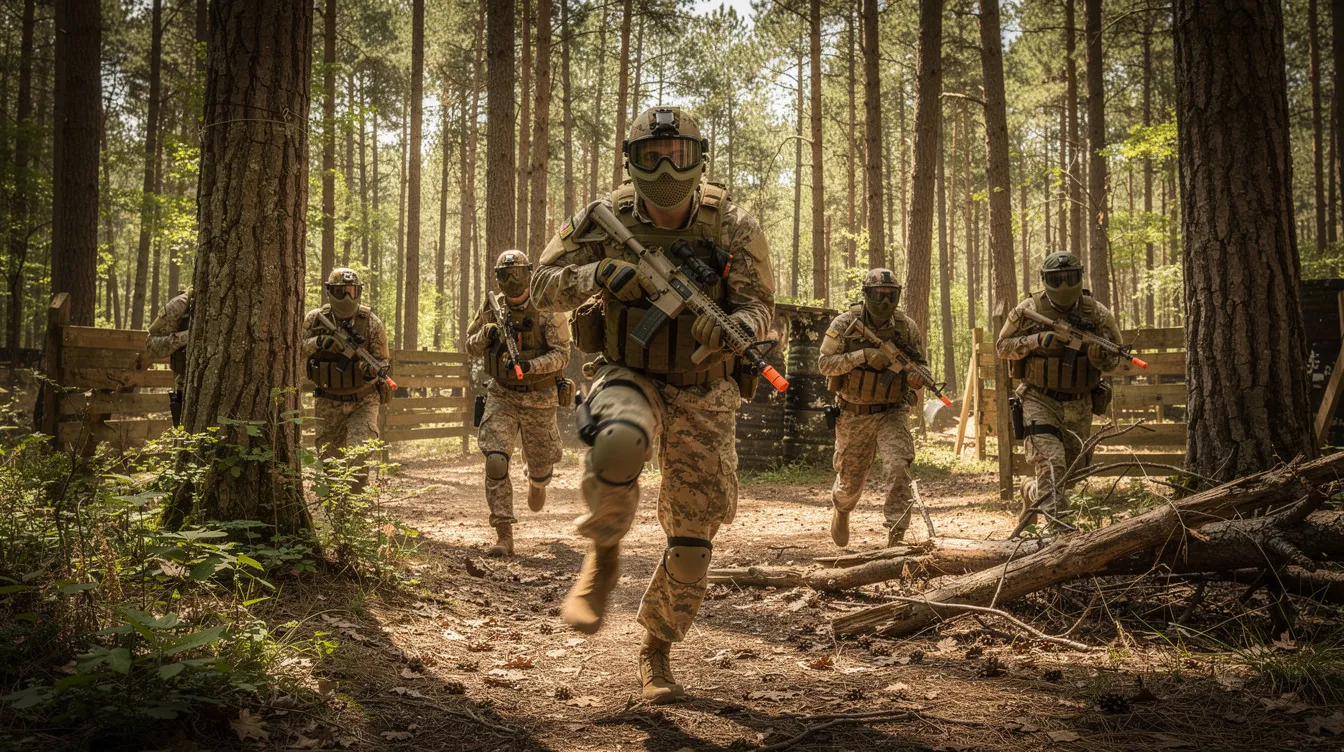 A group of airsoft players dressed in woodland camouflage gear is seen running through a dense forest game site, engaging in airsoft skirmishing. The scene captures the excitement of the game, emphasizing the use of realistic imitation firearms in a controlled environment, adhering to regulations under the violent crime reduction act.