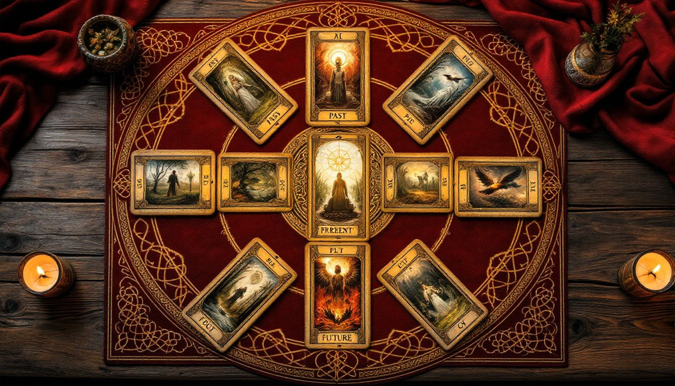 An example of a Celtic Cross tarot spread laid out on a table.