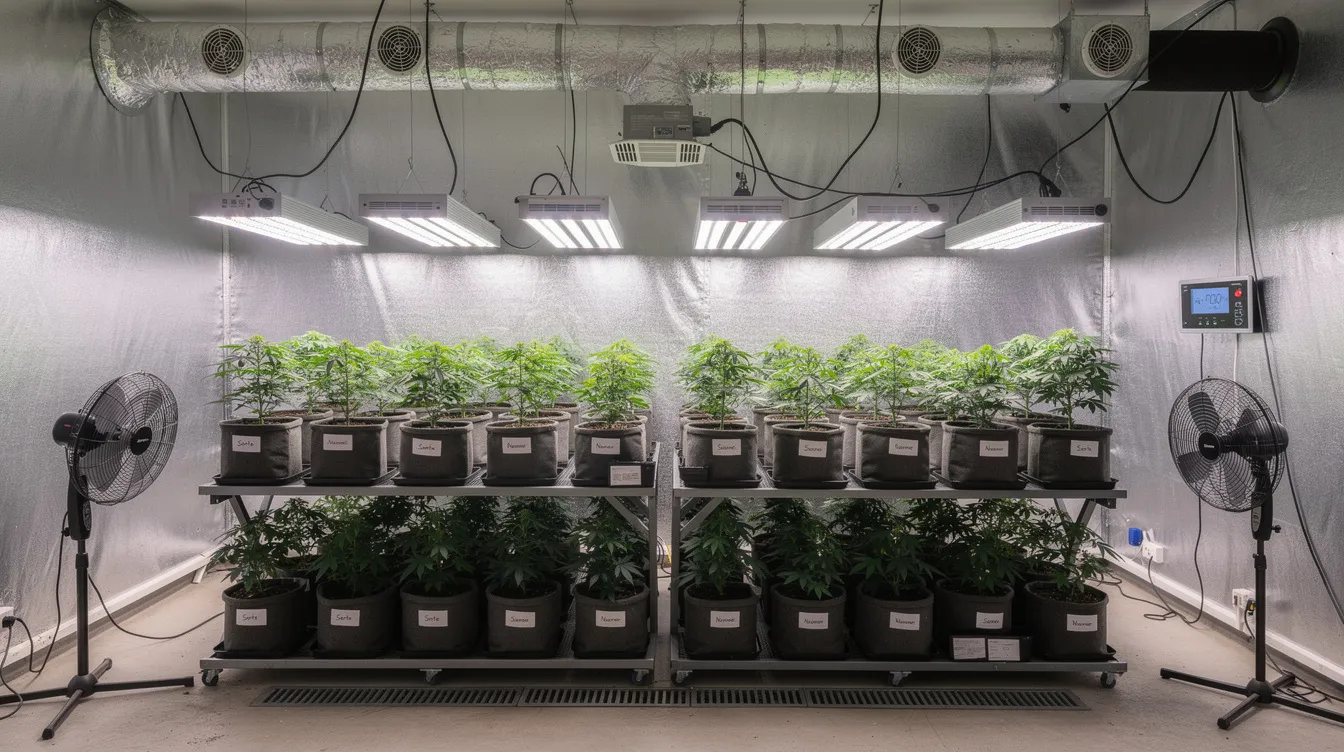 Der professionell eingerichtete Indoor-Grow-Raum zeigt eine Vielzahl von Cannabispflanzen, die unter optimalen Beleuchtungs- und Ventilationsbedingungen gedeihen. Die Umgebung ist ideal für die Identifizierung von männlichen und weiblichen Pflanzen sowie von Zwitterpflanzen, was für den erfolgreichen Cannabisanbau entscheidend ist.