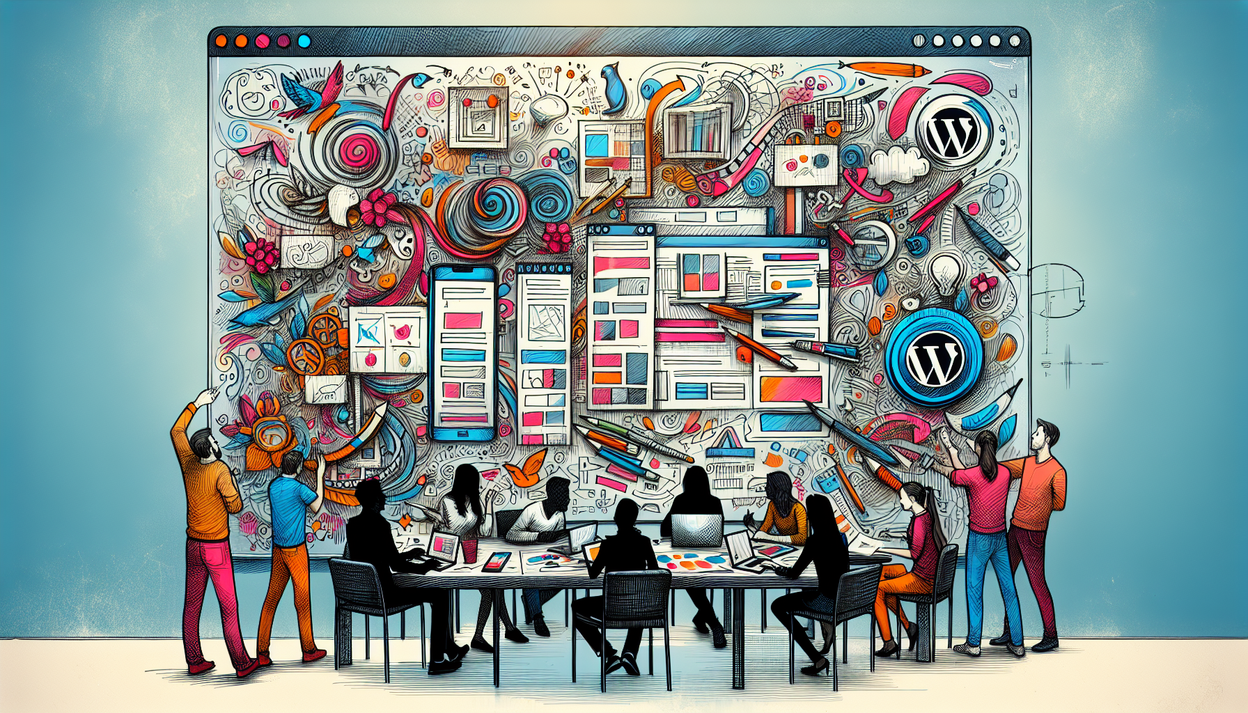 Illustration of a team of designers collaborating on a custom theme