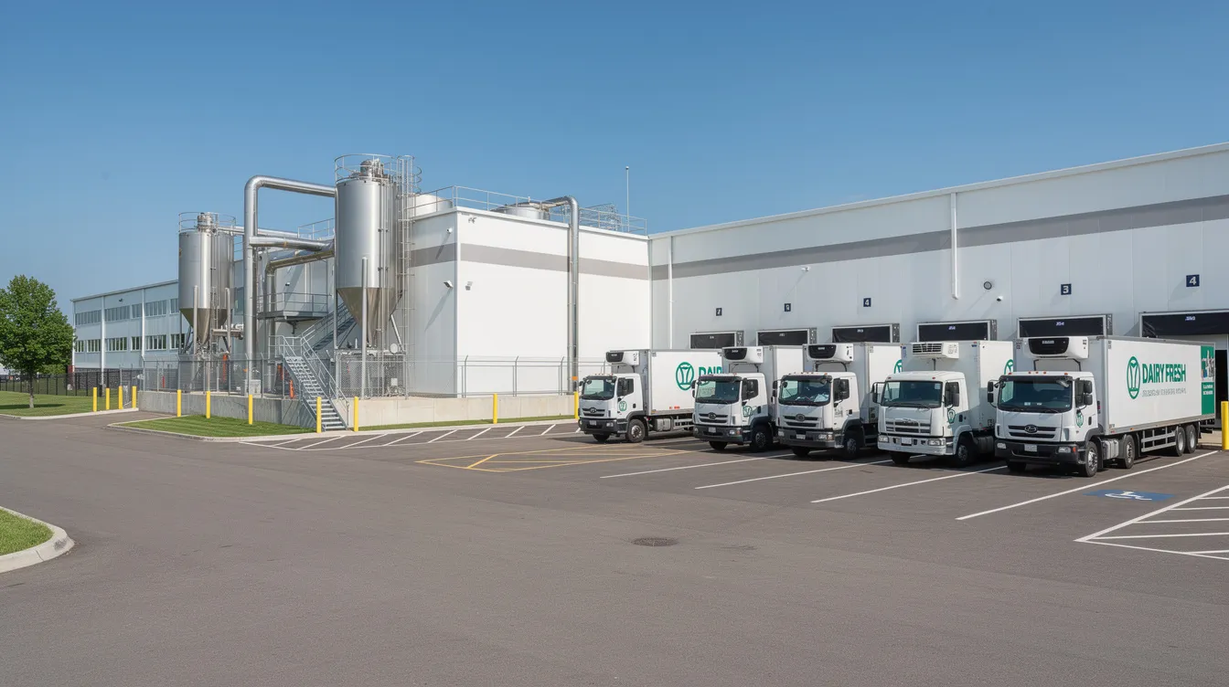 The image shows the exterior of a dairy manufacturing plant with several delivery trucks parked in the loading bay, highlighting the operational aspects of the dairy industry. This facility is likely involved in the production and distribution of various dairy products, including milk-based beverages and flavored milk, essential for meeting the growing demand in the beverage market.