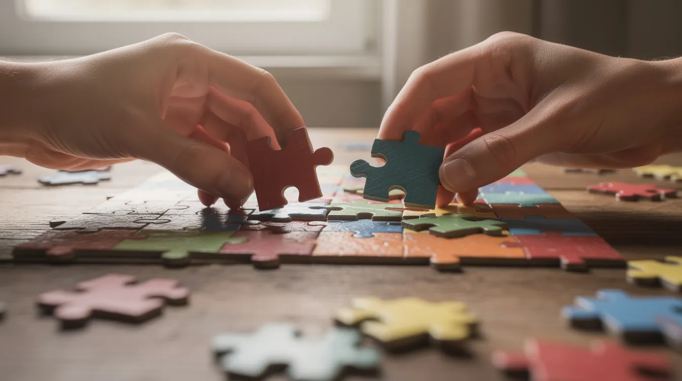 The image shows a close-up of colorful puzzle pieces being carefully assembled on a wooden table, symbolizing the intricate process of piecing together financial elements such as debt service coverage ratio and annual debt service calculations. Each piece represents a vital component in achieving a complete picture of financial stability and planning.