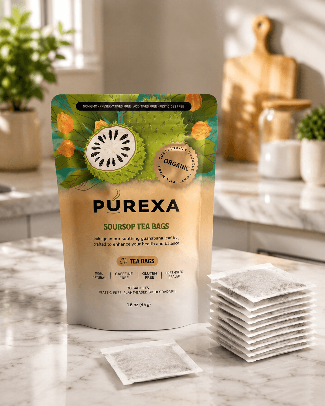 A premium stand-up pouch of PUREXA Organic Soursop Tea Bags on a bright white marble kitchen counter next to a neat stack of plastic-free, plant-based biodegradable tea bags.