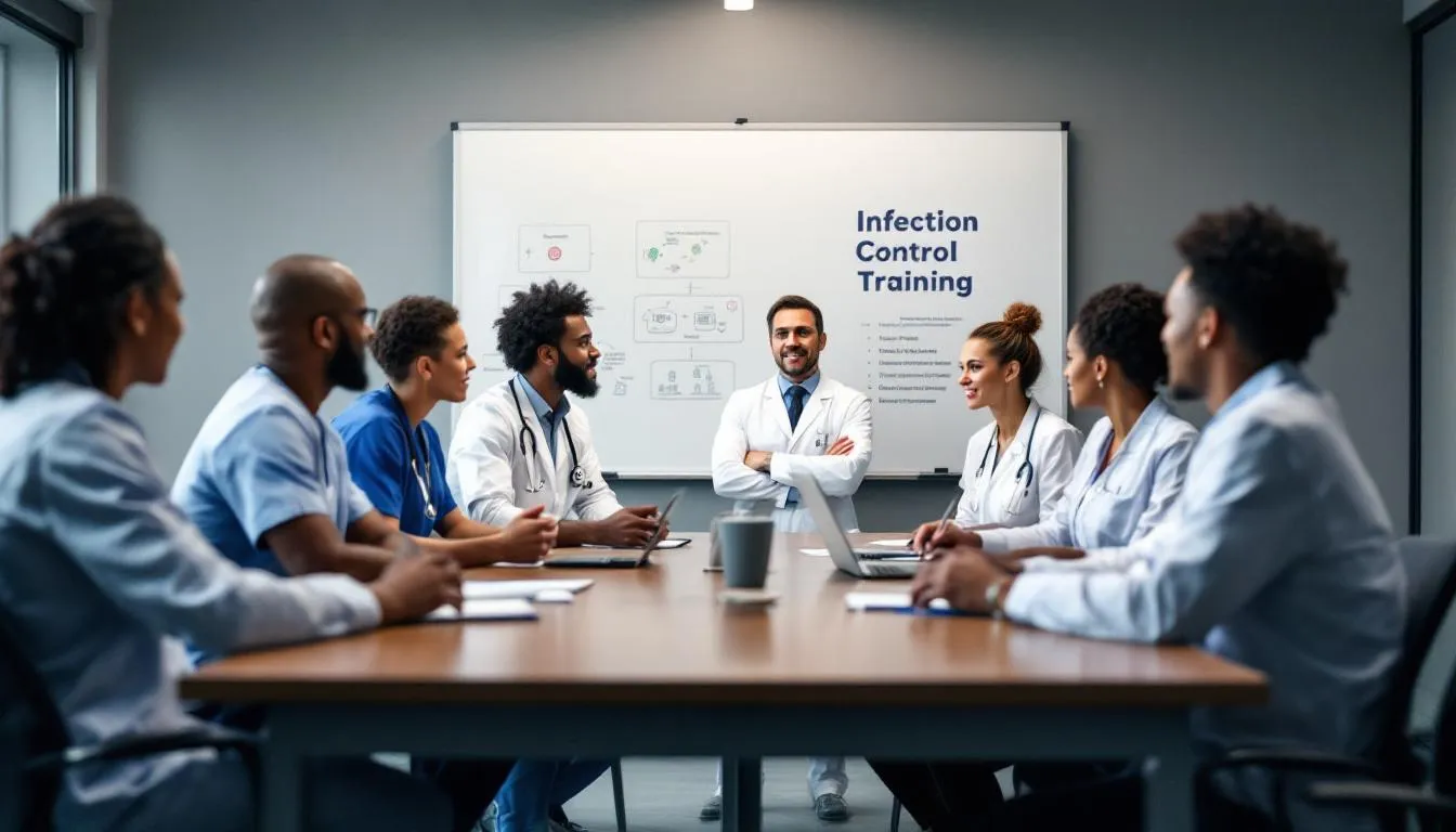 A diverse group of healthcare professionals is engaged in an educational meeting, discussing infection control protocols aimed at preventing healthcare-associated infections. They focus on strategies such as appropriate personal protective equipment and hand hygiene to ensure patient safety in various healthcare settings.