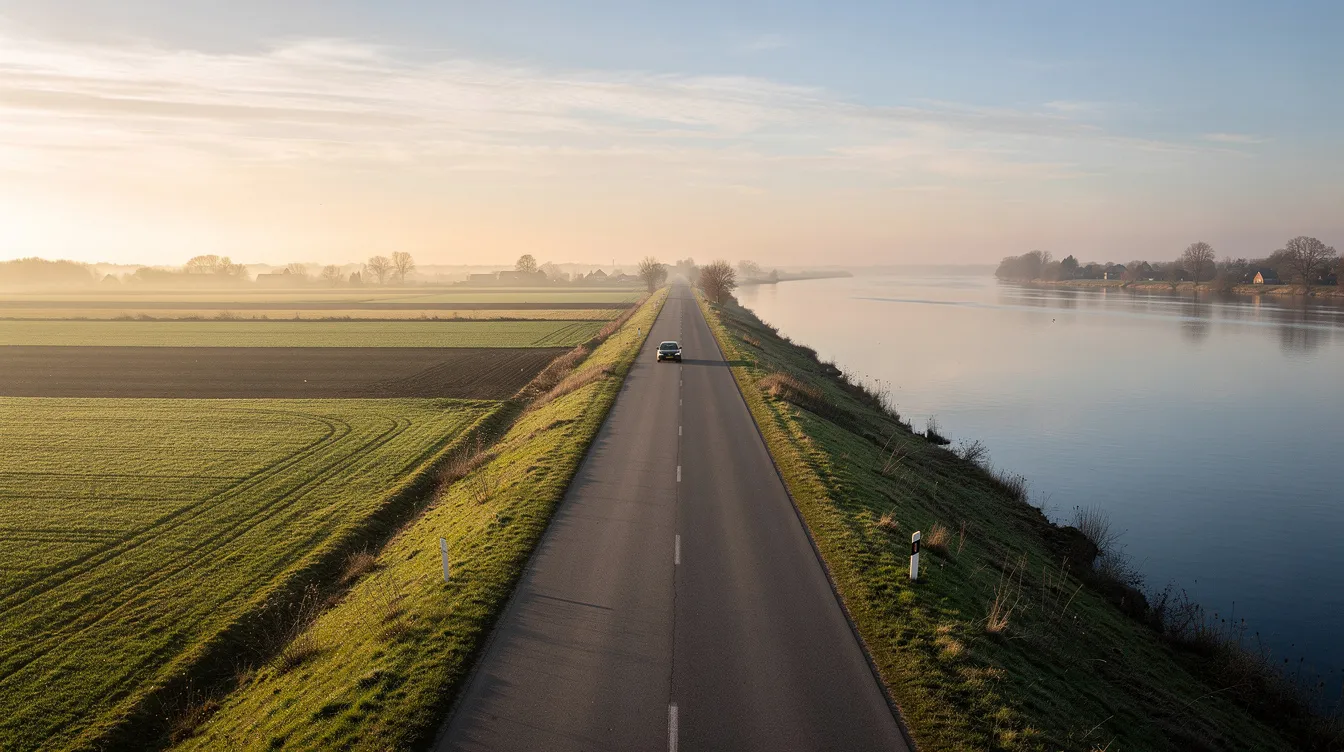 A narrow levee road runs alongside fertile farmland on one side and the calm Sacramento River on the other, with a single car visible in the distance. This serene landscape is characteristic of the Clarksburg wine country, known for its award-winning wineries and picturesque vineyard settings.