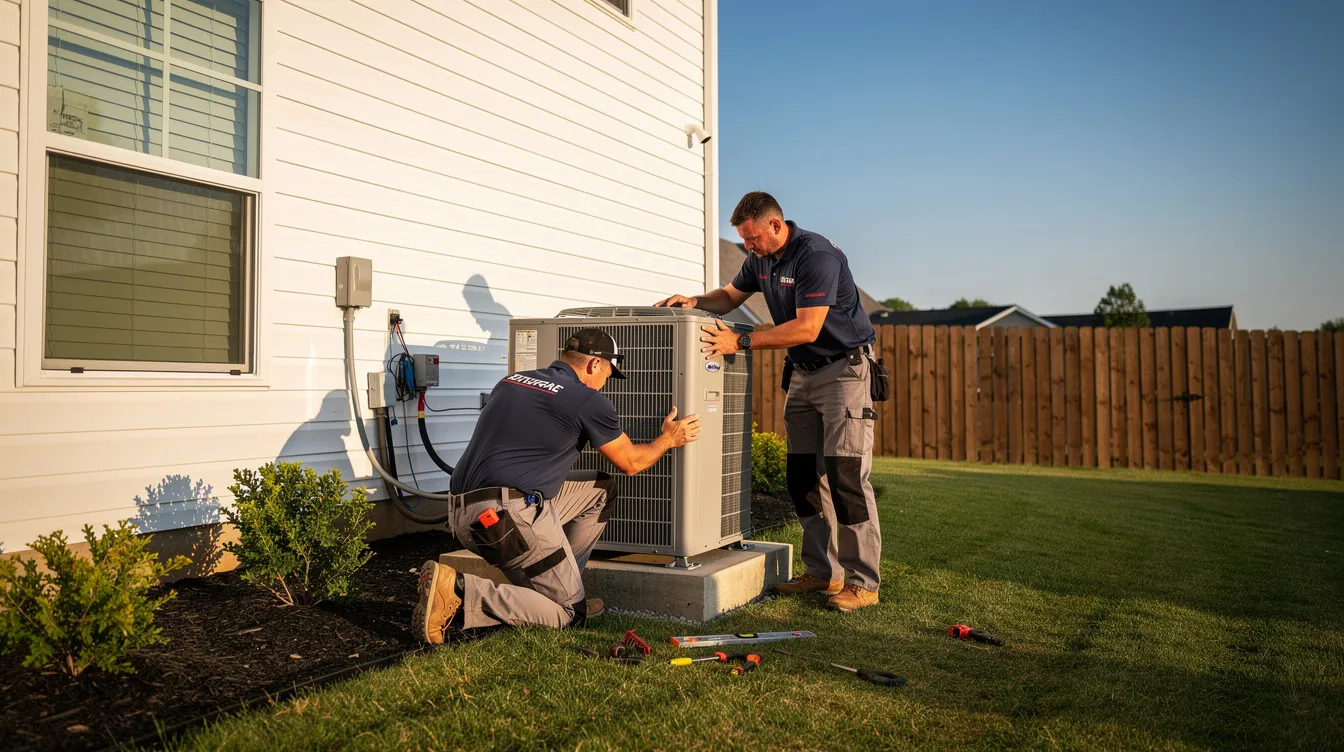 A professional HVAC installation crew is seen carefully placing a new air conditioning outdoor unit on a concrete pad beside a suburban home, ensuring reliable cooling for homeowners and addressing uneven temperatures. This installation represents a modern solution for humidity control and comfort in the home.