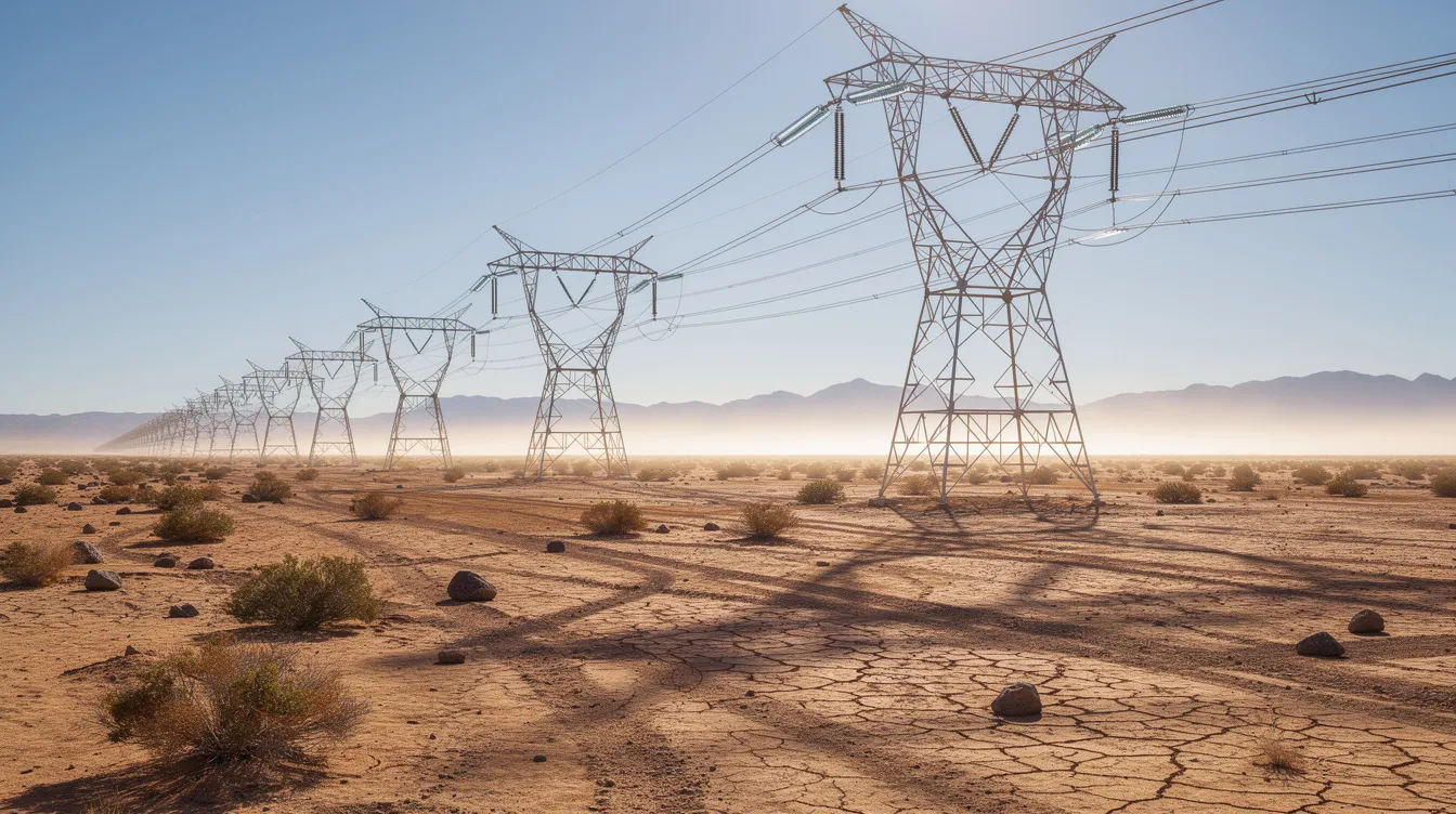 The image depicts high voltage electrical transmission towers towering over a vast desert landscape, symbolizing critical infrastructure for renewable energy projects. These structures are essential for the energy sector, facilitating the transmission of power generated from solar and wind projects while ensuring compliance with regulatory requirements.