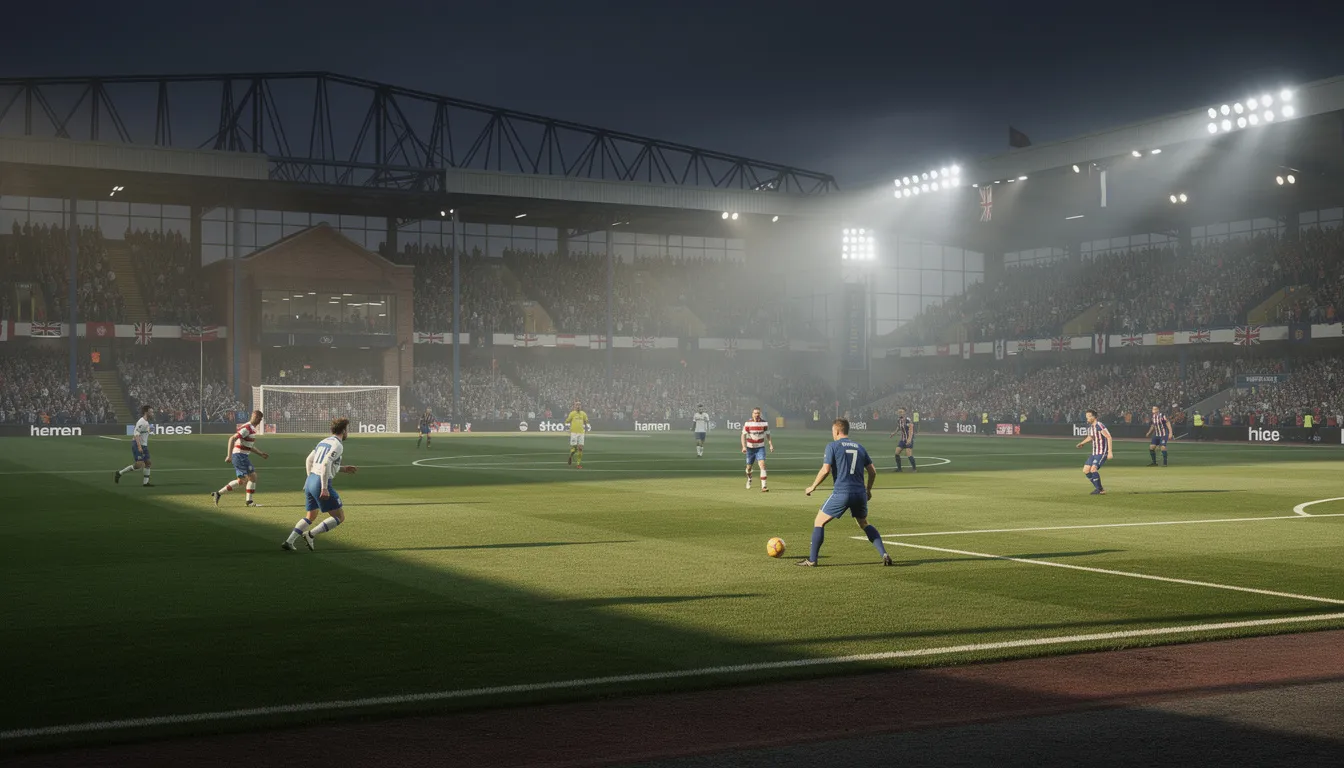 En klassisk brittisk sportarena är belyst under kvällen, där fotbollsspelare är i full gång på planen. Atmosfären är elektrisk, och det är en perfekt plats för att uppleva sportens spänning, likt den som erbjuds av bettingplattformar som William Hill.