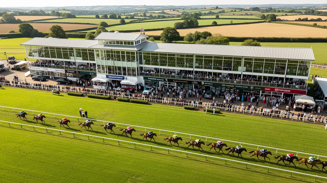 An aerial view captures a bustling British racecourse grandstand filled with enthusiastic crowds eagerly watching horse racing events. The scene reflects the excitement of the Grand National festival, where spectators may be discussing various grand national betting offers and the potential for free bets as they cheer for their favorite horses.
