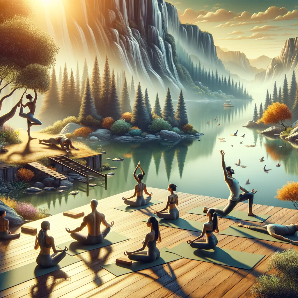 Serene depiction of Hatha Yoga, highlighting its spiritual depth beyond physical fitness. The scene shows individuals in various yoga poses, not just exhibiting physical strength, flexibility, and balance, but also radiating a sense of inner peace and spiritual enlightenment. The setting, devoid of text, is tranquil, with natural elements that evoke calmness and meditative tranquility, encapsulating the essence of Hatha Yoga as a journey of both body and spirit.