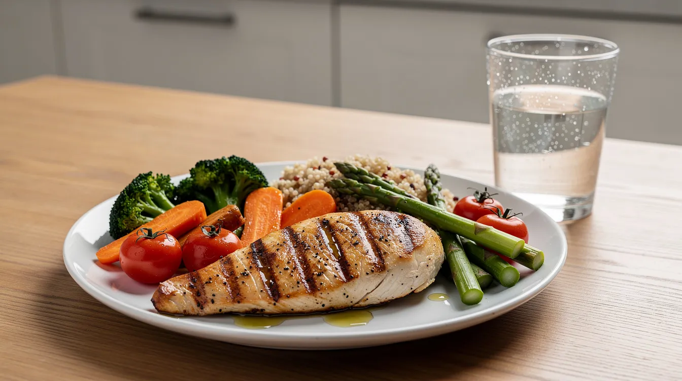 The image depicts a healthy meal featuring lean protein, a variety of colorful vegetables, and a glass of water placed on a table, promoting overall health and well-being, which can be beneficial during the breast augmentation recovery process. This nutritious meal supports the healing process and helps patients maintain their normal routine post-surgery.