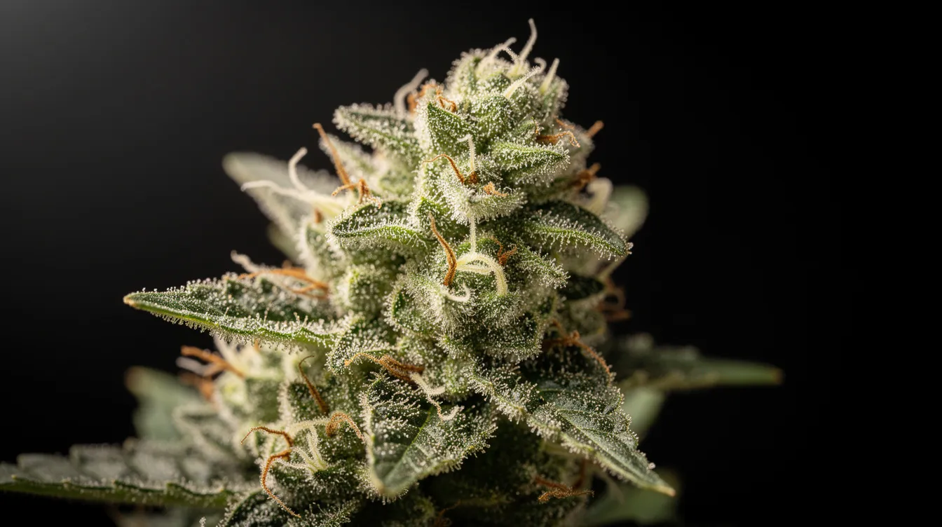 A close-up photograph showcases a vibrant green cannabis flower, richly covered in frosty white trichomes, set against a dark background. The intricate details highlight the plant's natural beauty and potency, emphasizing its potential as a key ingredient in live rosin edibles and other cannabis products.