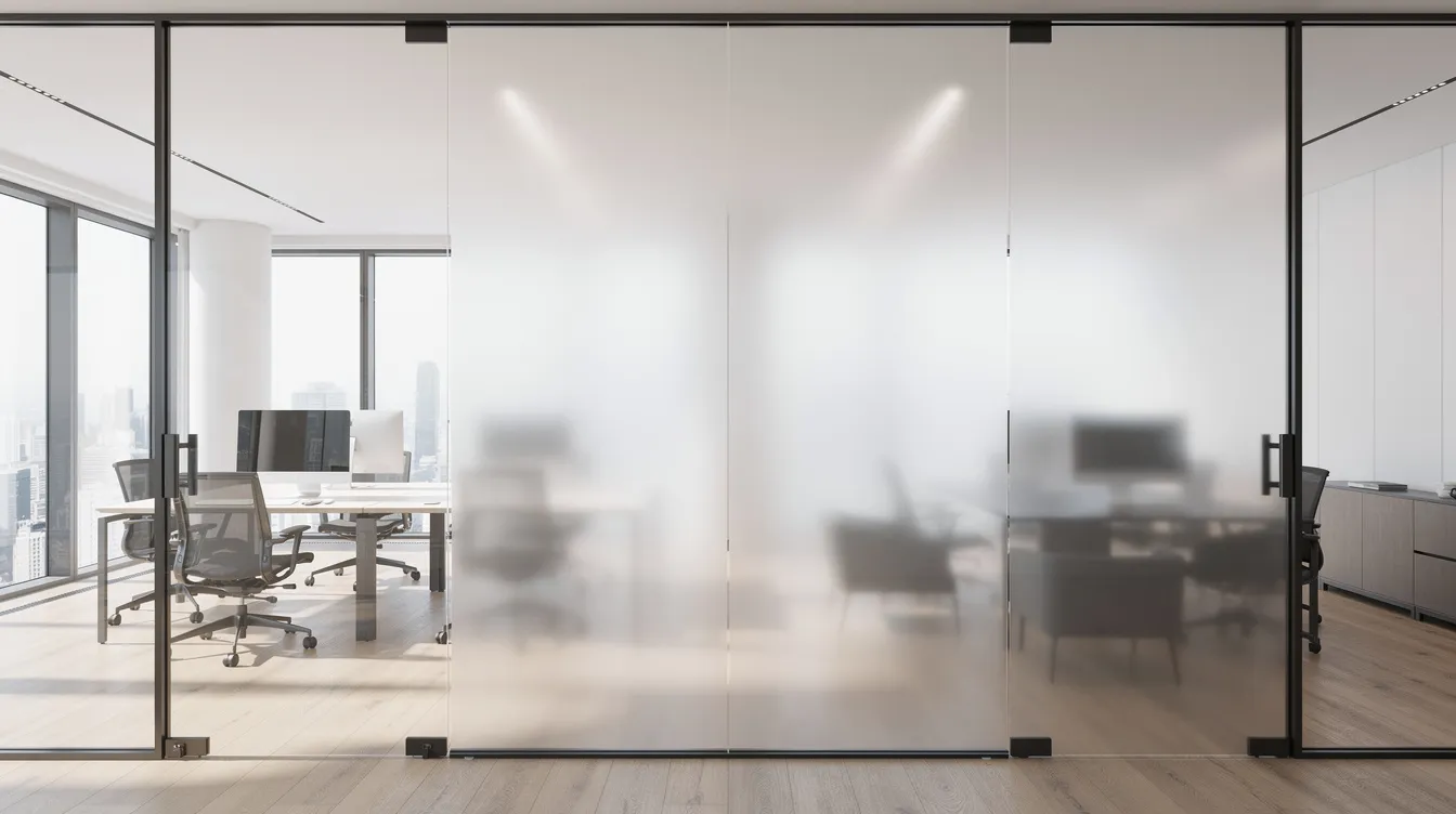 The image features a modern office space with a glass partition that transitions from clear to frosted, showcasing smart film technology that allows for instant privacy control. Natural light filters through the smooth glass surface, highlighting the contemporary design and innovative use of switchable smart film in commercial spaces.