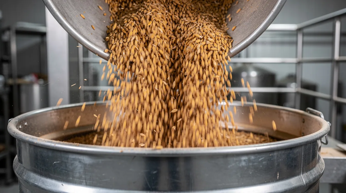 eb8bf7c3 2038 4299 9ecc 7d392f1a1a47 In the image, wheat grains are being poured from a large container into a metal hopper of an industrial atta chakki plant, showcasing the flour milling process. This setup highlights the advanced technology and robust construction of the automatic flour mill plant, ensuring consistent flour quality with minimal manual intervention.