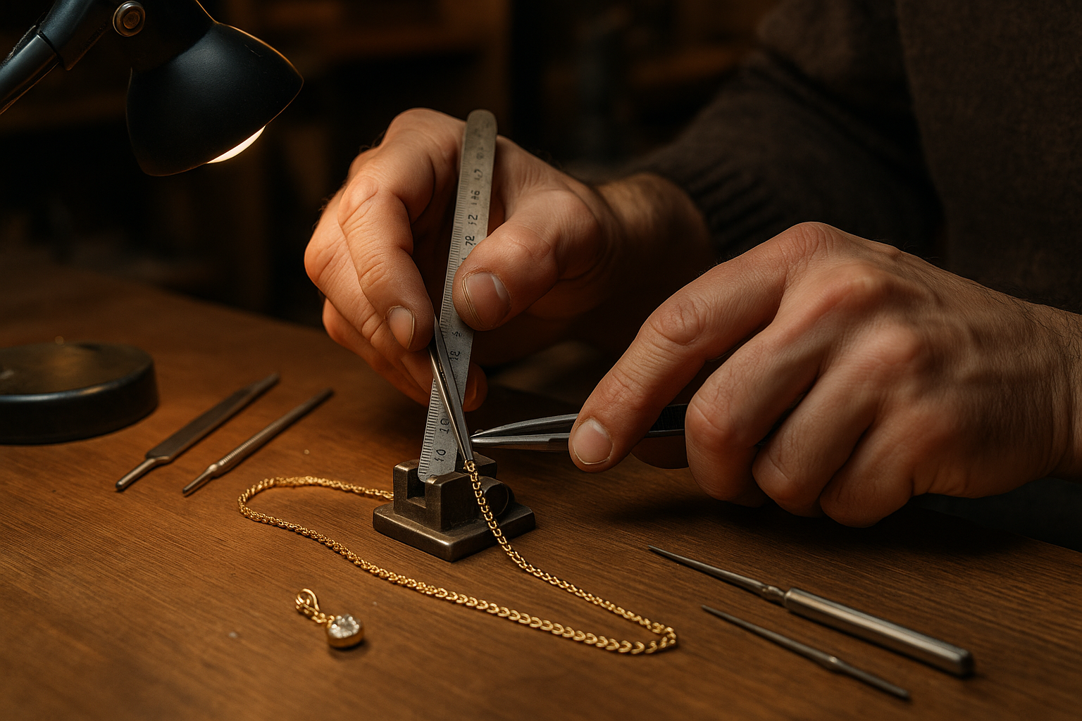 Juvelyras Vilniuje trumpina auksinę grandinėlę su deimantiniu pakabuku, naudodamas pincetą ir matavimo liniuotę.