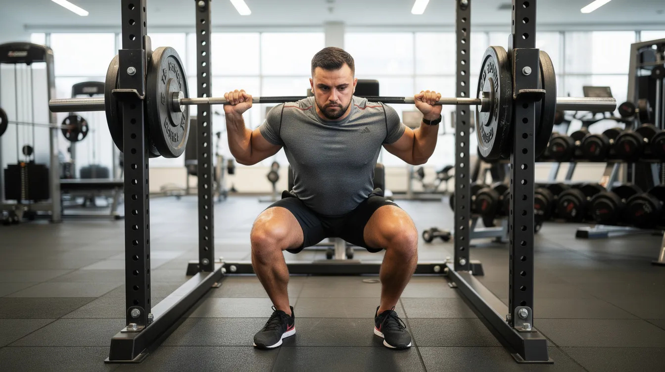 A man is performing a heavy barbell squat in a well-lit commercial gym, showcasing his focus and strength as he works on building lean muscle and improving his overall health. The gym environment is energetic, emphasizing the importance of regular exercise and a proper diet for optimal testosterone levels and muscle growth.