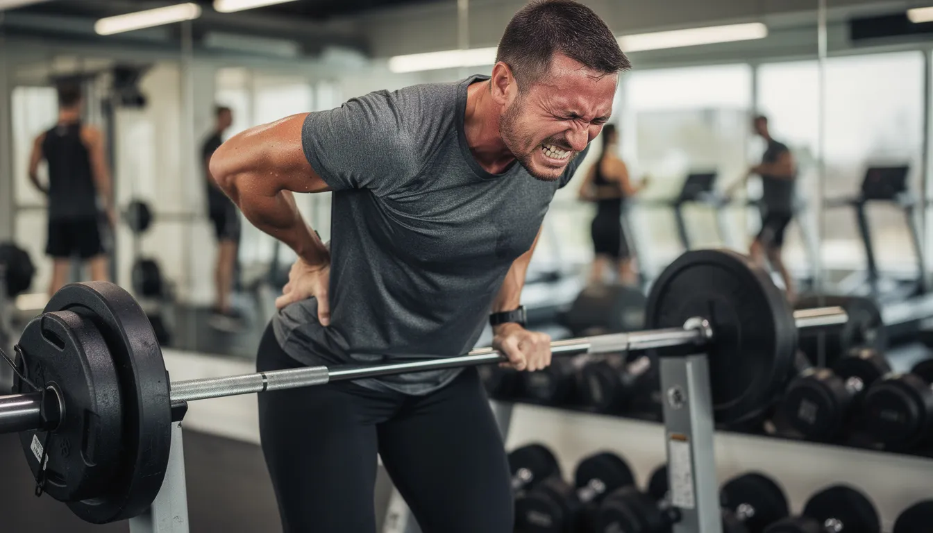 Eine überlastete Person im Fitnessstudio zeigt einen schmerzhaften Gesichtsausdruck, während sie versucht, ihre Fitnessziele zu erreichen. Diese Szene spiegelt die Herausforderungen wider, die viele Menschen beim Verfolgen ihrer Neujahrsvorsätze im Sport erleben.