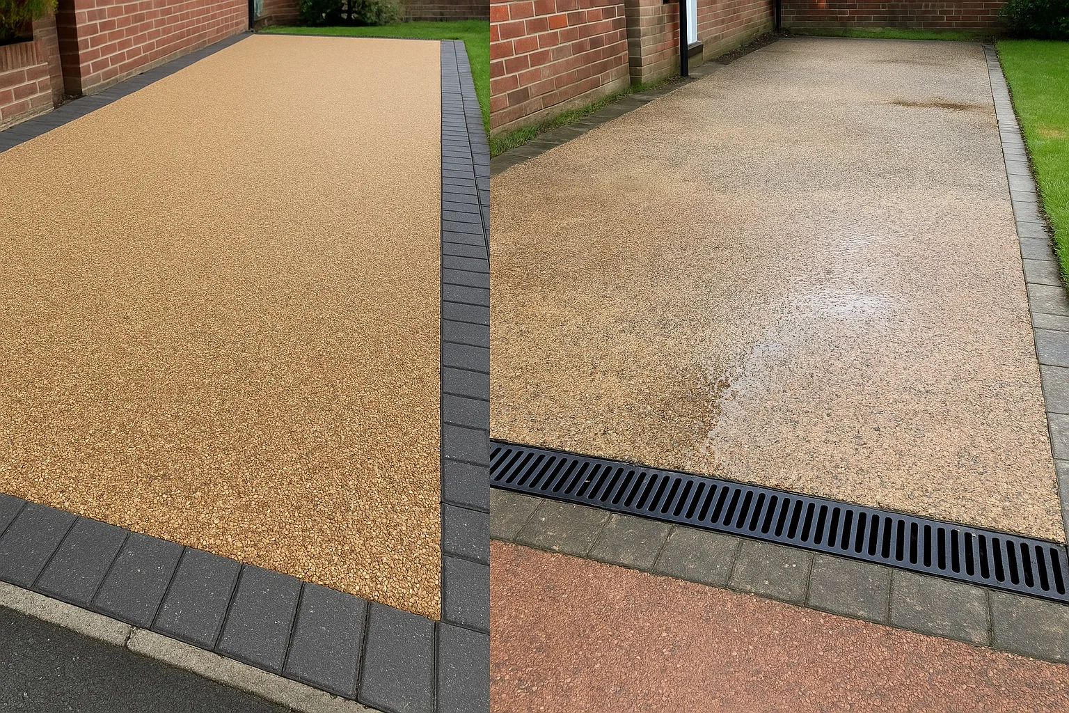 High-quality resin driveway next to a weather-worn, poorly installed alternative.