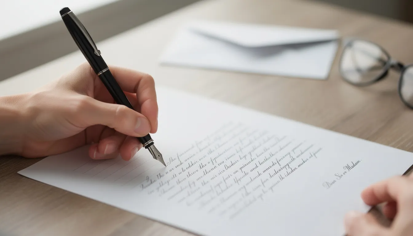 Une main écrivant une lettre formelle sur du papier avec un stylo, illustrant l'importance de la communication écrite pour le service client. Le fond évoque un environnement de bureau, suggérant un contexte professionnel.