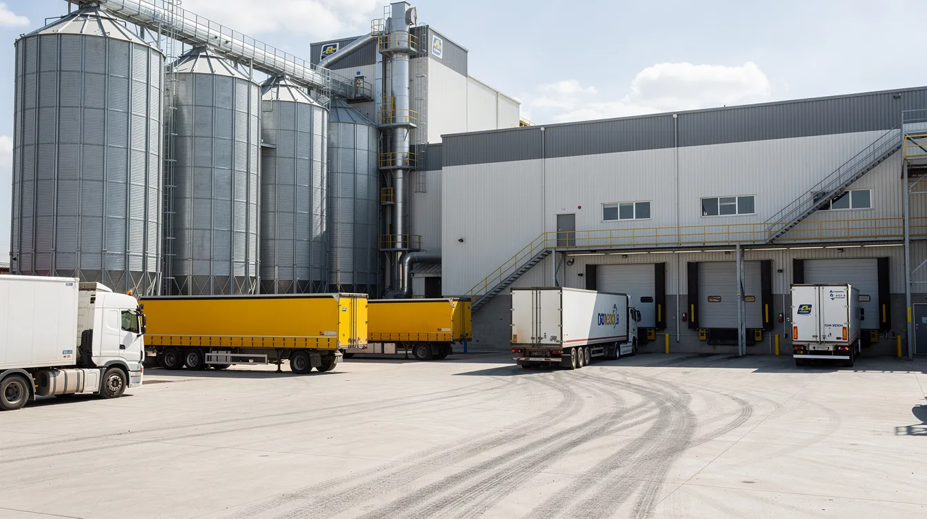 The image depicts a bustling flour mill yard featuring large industrial wheat storage silos and a factory building, with trucks parked nearby, ready for loading or unloading wheat grains. This scene illustrates the manufacturing process of wheat flour, highlighting the essential components of an industrial project in the food sector.