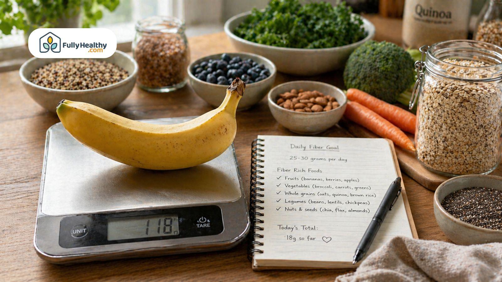 Banana with grains vegetables and fiber list on wooden table