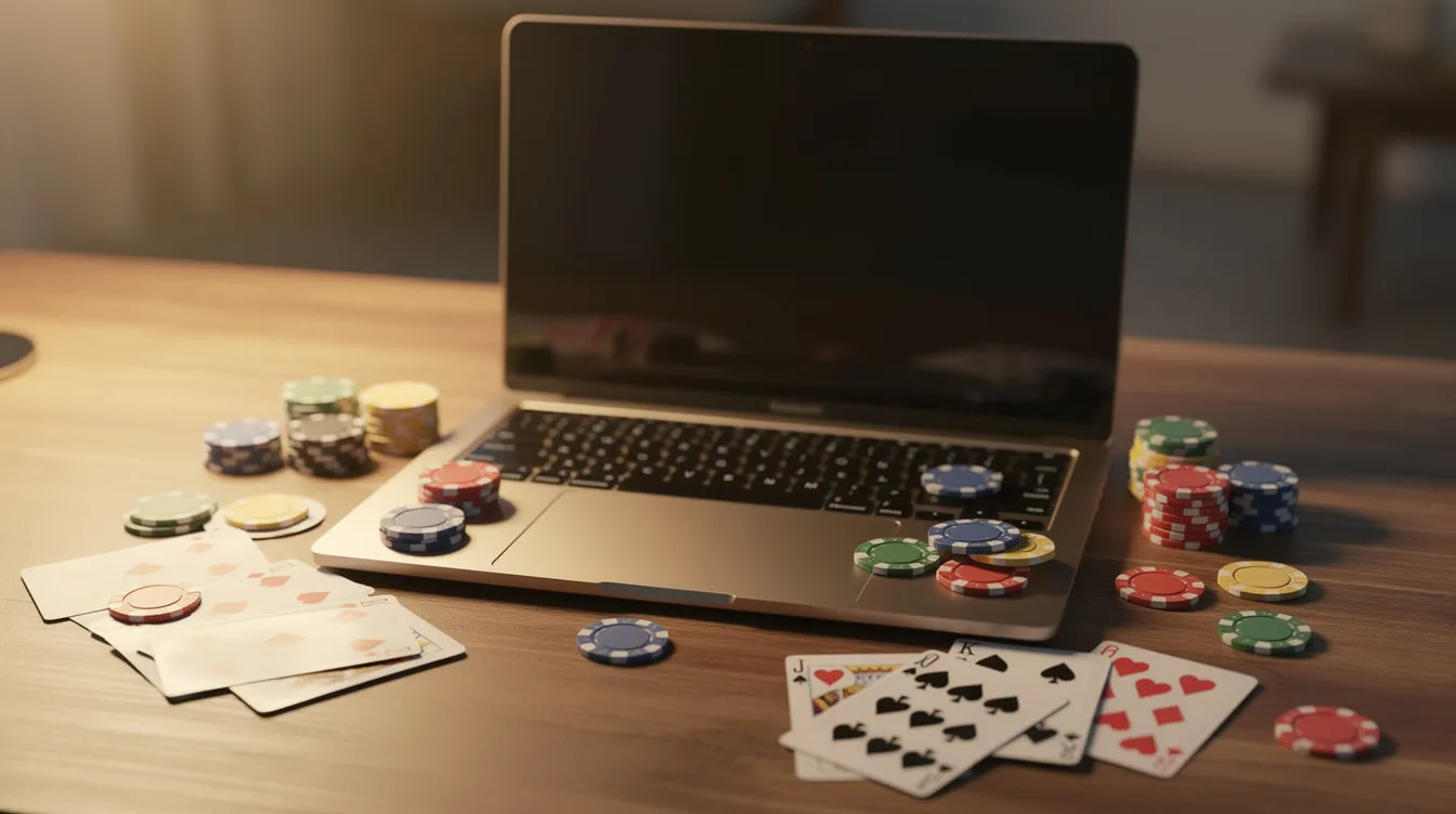 The image shows a laptop placed on a desk, surrounded by scattered casino chips and playing cards, suggesting a vibrant atmosphere typical of online casinos. This scene evokes the excitement of gambling, particularly in non Gamstop casinos where players can enjoy various casino games and promotions.