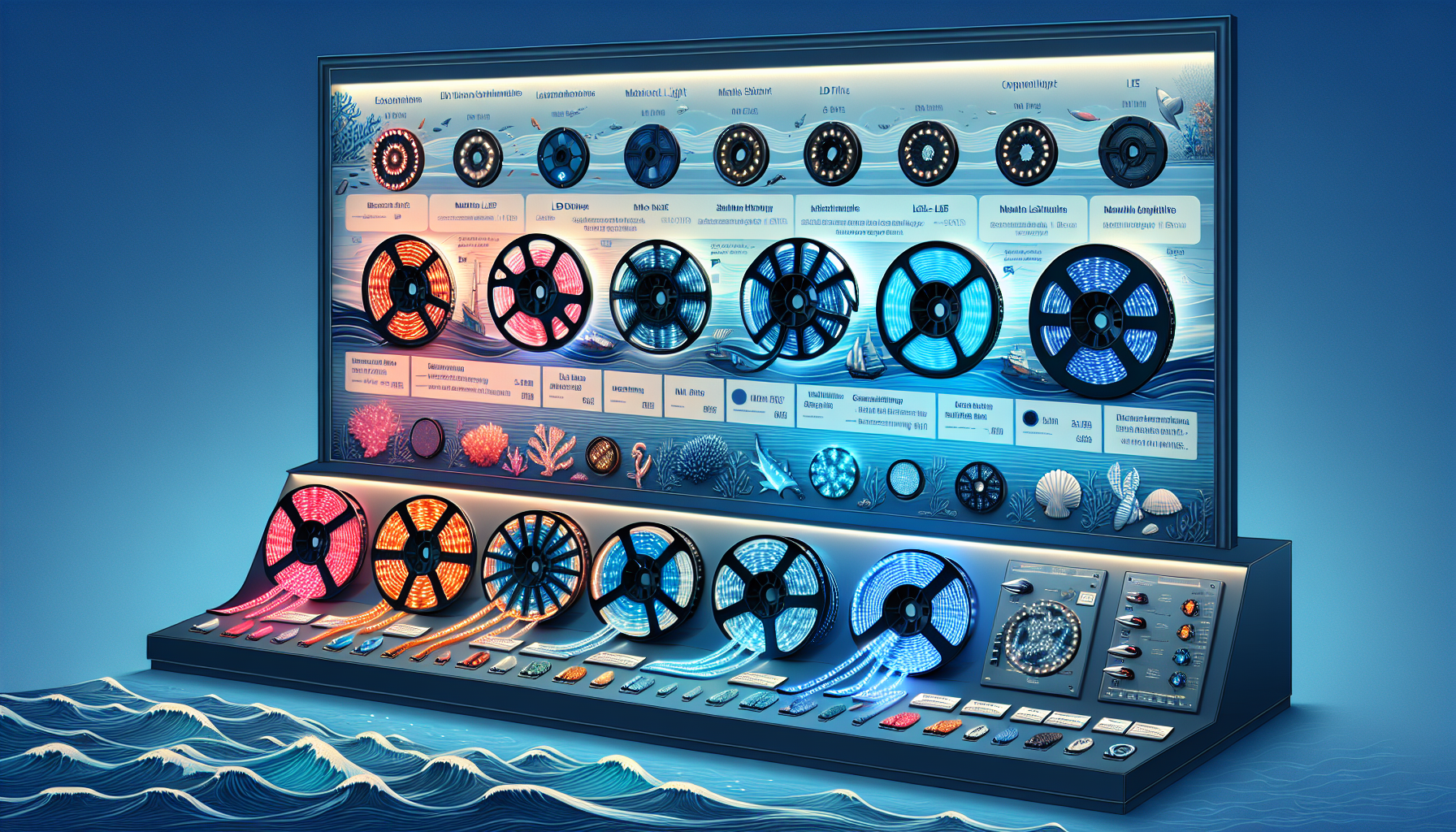 An illustration showing different types of marine LED tape lights to choose from.