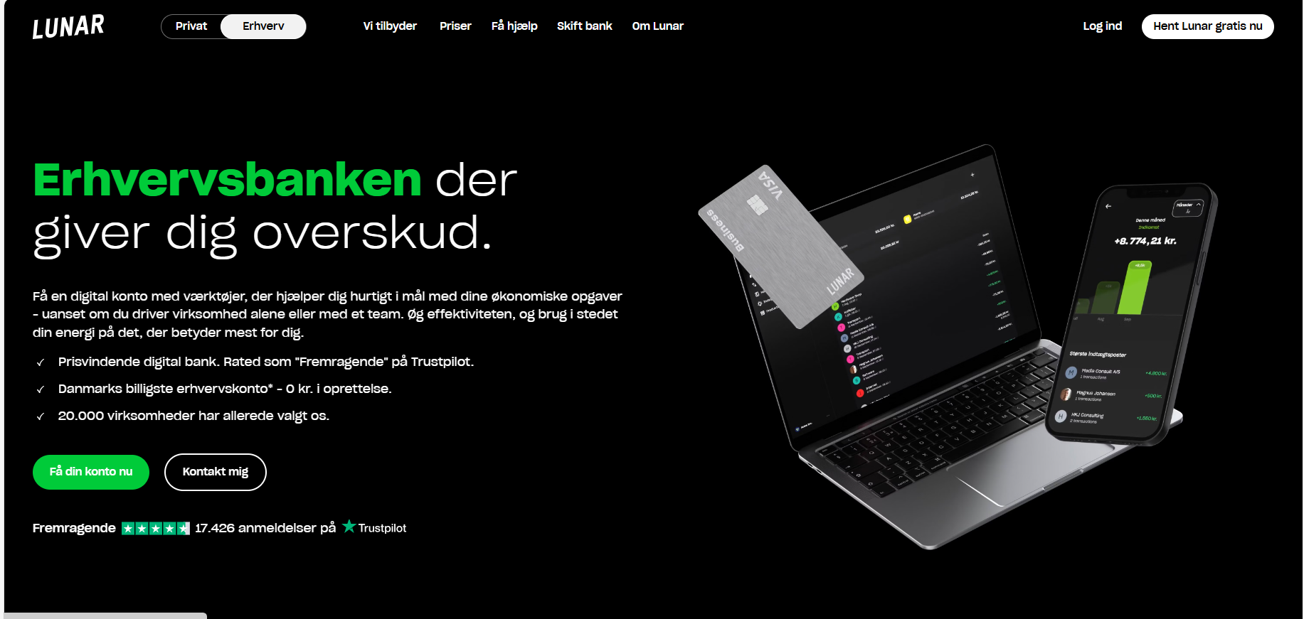 Lunar præsenterer sig selv som 'erhvervsbanken der giver dig overskud'.