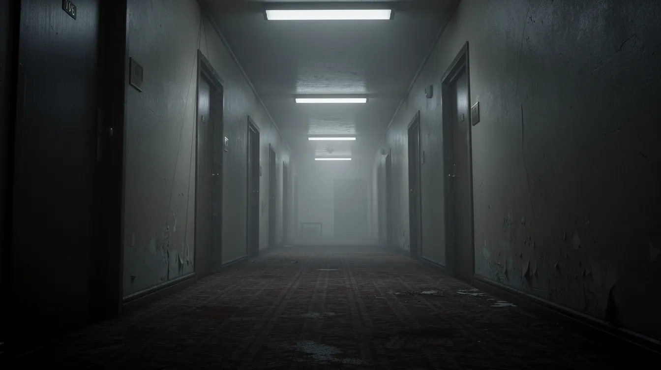 The image depicts a dark hotel corridor illuminated by flickering overhead lights, casting eerie shadows along the walls. This unsettling atmosphere evokes elements commonly found in popular Roblox horror games, perfect for fans seeking jump scares and survival horror experiences.